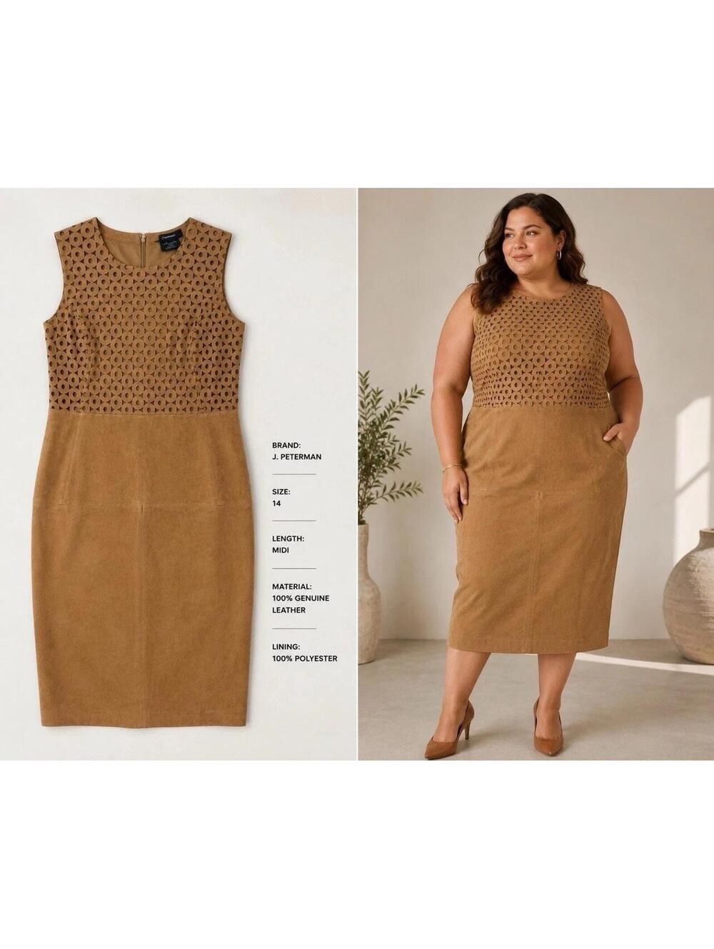 J. Peterman Genuine Leather Suede Sheath Dress Laser‎ Cut Brown Women’s